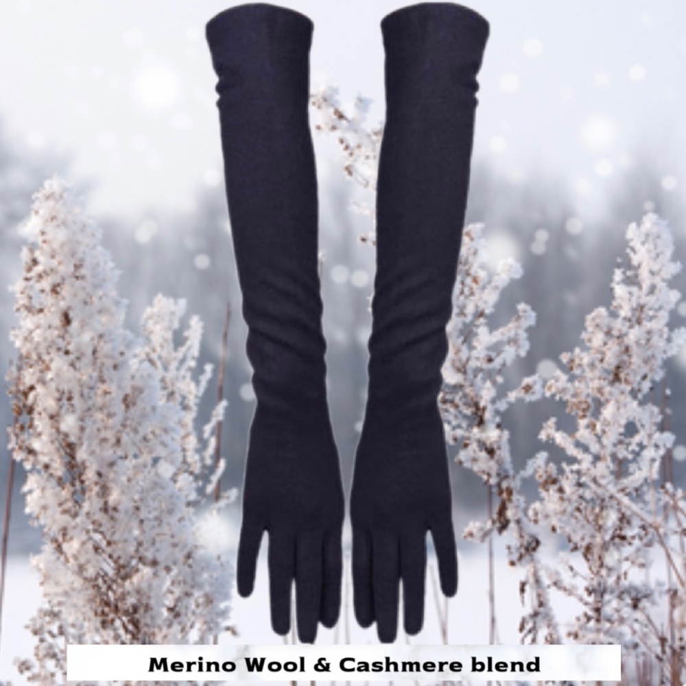 Black Long Cashmere Merino Wool Gloves Classical Elbow Length Cashmere Gloves